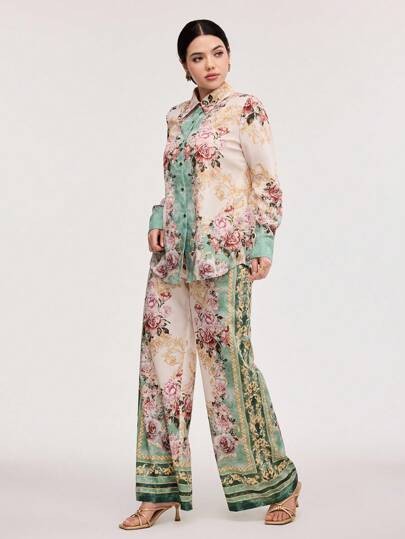 Veilorie 2 件套女式前扣长袖全印花上衣和裤子套装 2 件套