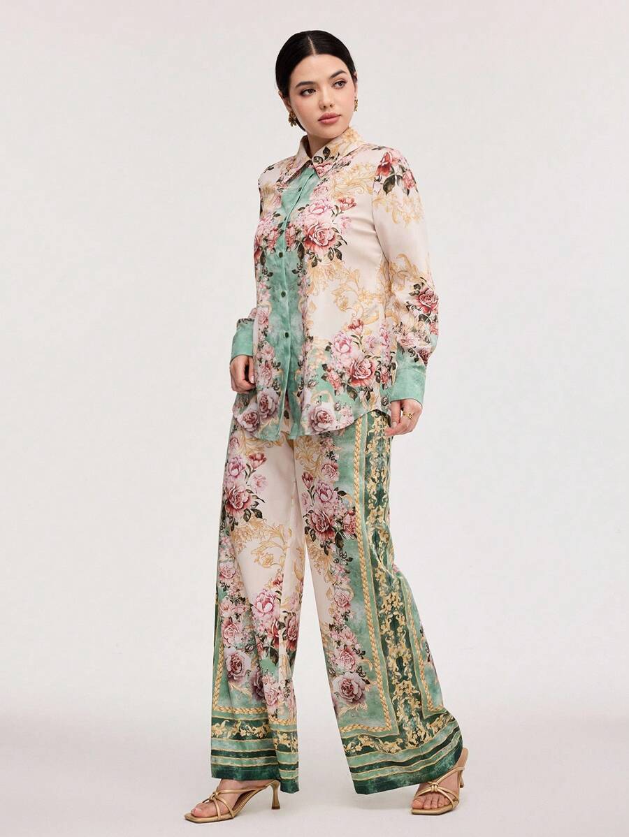 Veilorie 2pcs Women's Front Button Up Long Sleeve All-Over Print Top And Pants Set 2 Pieces Set - Multicolor - View 1
