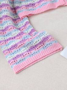 Tween Girls' Cute Colorblock Cardigan Pink Stripe,Autumn,Holiday,Back-To-School Wave Pattern Hollow-Knit Flared Sleeve Sheer Cropped Sweater Cover-Up - Multicolor - View 3