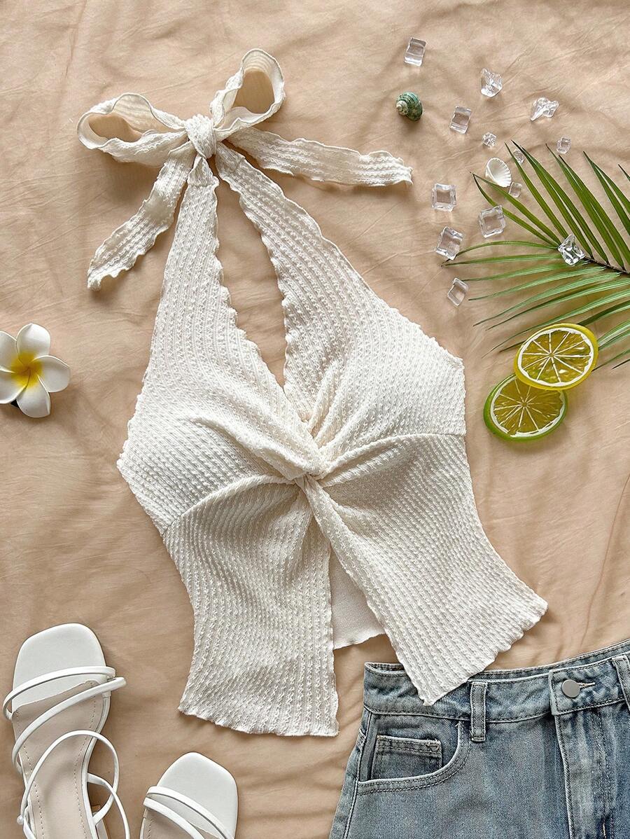 SHEIN Tween Girls Casual Minimalist Comfy Halter Neck Sleeveless Asymmetrical Hem Tank Top