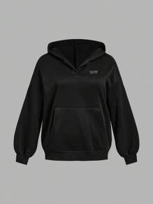 SHEIN EZwear 大码女式休闲刺绣图案大码长袖宽松连帽运动衫，带口袋 - 彩色 - 查看 4