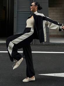 DAZY 女士秋季撞色拼接外套和裤子两件套，秋季女装家居服套装 - 黑色 - 查看 6