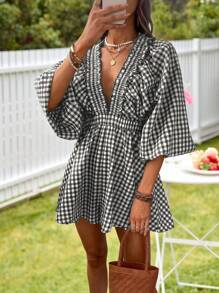 KARISMINA Women's Woven Plaid V-Neck Bubble Sleeve Romper,Vacation Outfits Woman,Women Casual Outfit Vacation,Summer Romper For Vacation ,Cute Summer Romper - Black and White - View 4