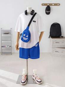 SHEIN 3 件套青少年男孩运动休闲学院风短袖上衣、短裤和斜挎包，春夏