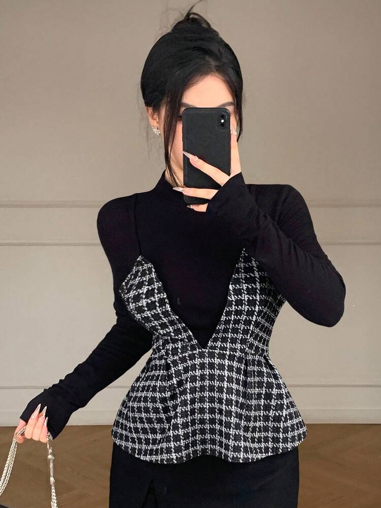 Autumn/Winter 2 In 1 Camisole Basic Earthy Tone Patchwork Plaid Striped Collared Slim Fit Elegant Office Wear Ruffle Trim Long Sleeve Women T-Shirt,Fall Women Clothes