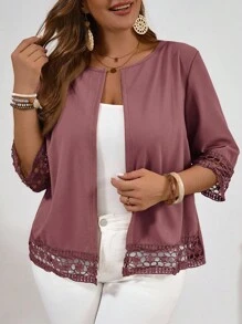 EMERY ROSE Plus Size Women's Solid Color Lace Patchwork Round Neck Casual Lightweight Blazer Winter Fall Autumn - Dusty Pink - View 1