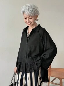 FRIFUL Blouse ample et polyvalente pour femmes, en tissu transparent avec manches raglan, ourlet patchwork et couleur noire unie. Convient pour l'automne/hiver