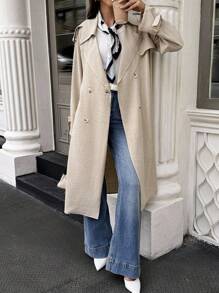 SHEIN LUNE 女式仿亚麻双排扣长款风衣 - 卡其色 - 查看 1