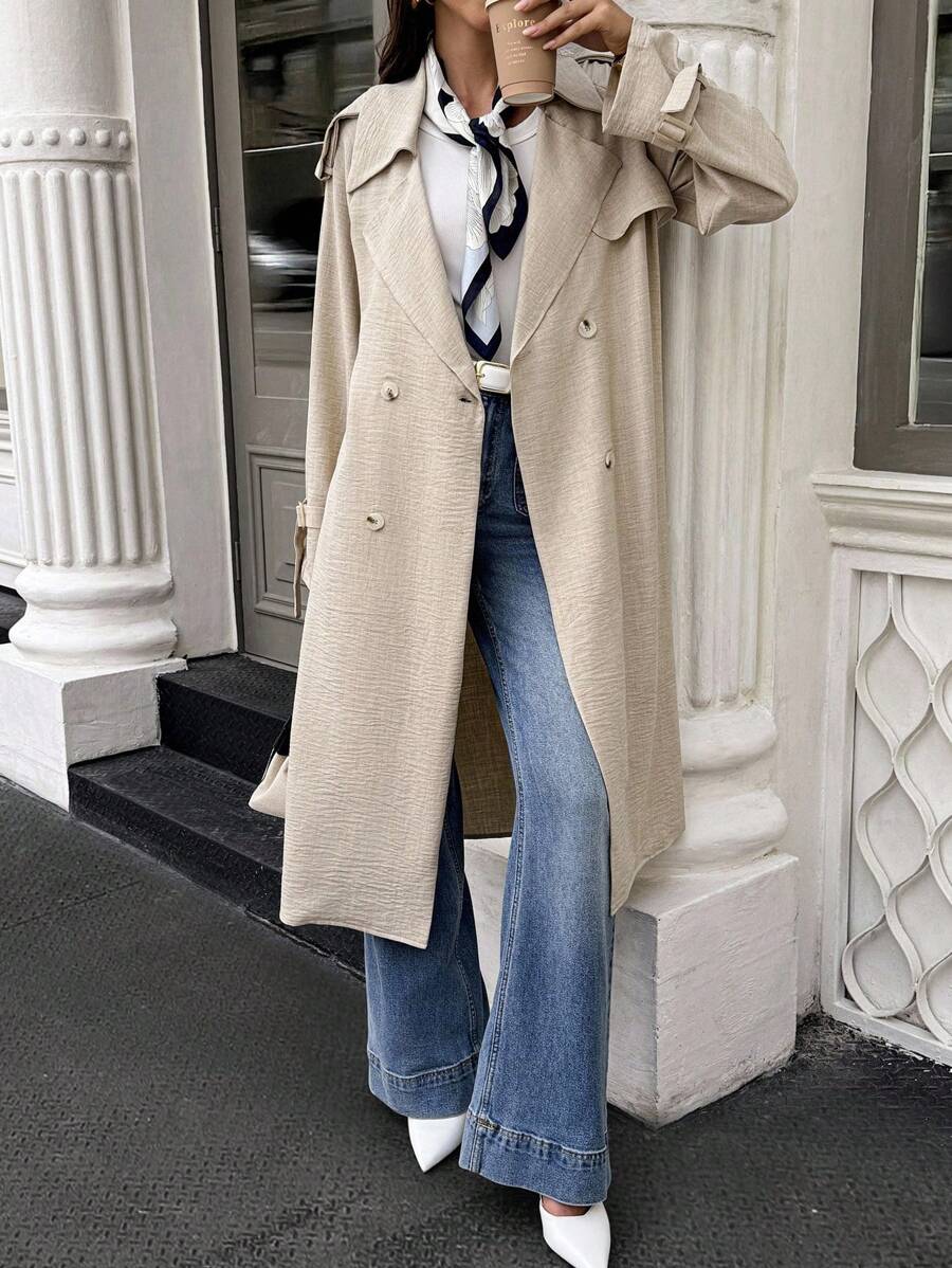 SHEIN LUNE 女式仿亚麻双排扣长款风衣 - 卡其色 - 查看 1