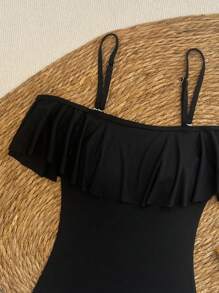 SHEIN Swim Summer Beach Solid Ruffle Trim One Piece Swimsuit - Black - View 5