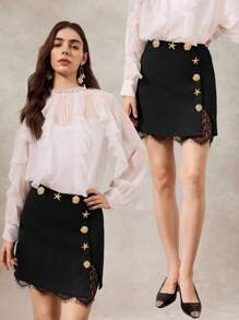 Briarwyn Saia feminina elegante com decoração floral metálica e contraste de renda, saia com acabamento em renda, roupas de outono para mulheres, saia preta estilo old money para mulheres - Preto - Ver 6