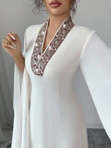 Rafferiza 女士纯色优雅端庄 V 领刺绣开叉长袖超长连衣裙，适合宴会、日常穿着，简约 - 杏色 - 查看 5