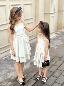 SHEIN 年轻女孩编织纹理荷叶边蝴蝶结分层蛋糕裙腰带优雅连衣裙，白色连衣裙，法式仙女风格，公主裙，适合生日派对，毕业舞会，派对 - 米色 - 查看 10