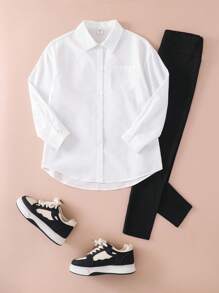 SHEIN 2pcs Tween Girl Clothes.Tween Girl Girl Outfit,School Clothes,White Top And Black Legging,Girls Shirts - Multicolor - View 4