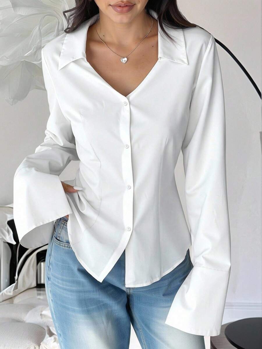 Elenzga 大码女式单排扣休闲修身白色喇叭袖衬衫 - 白色 - 查看 1
