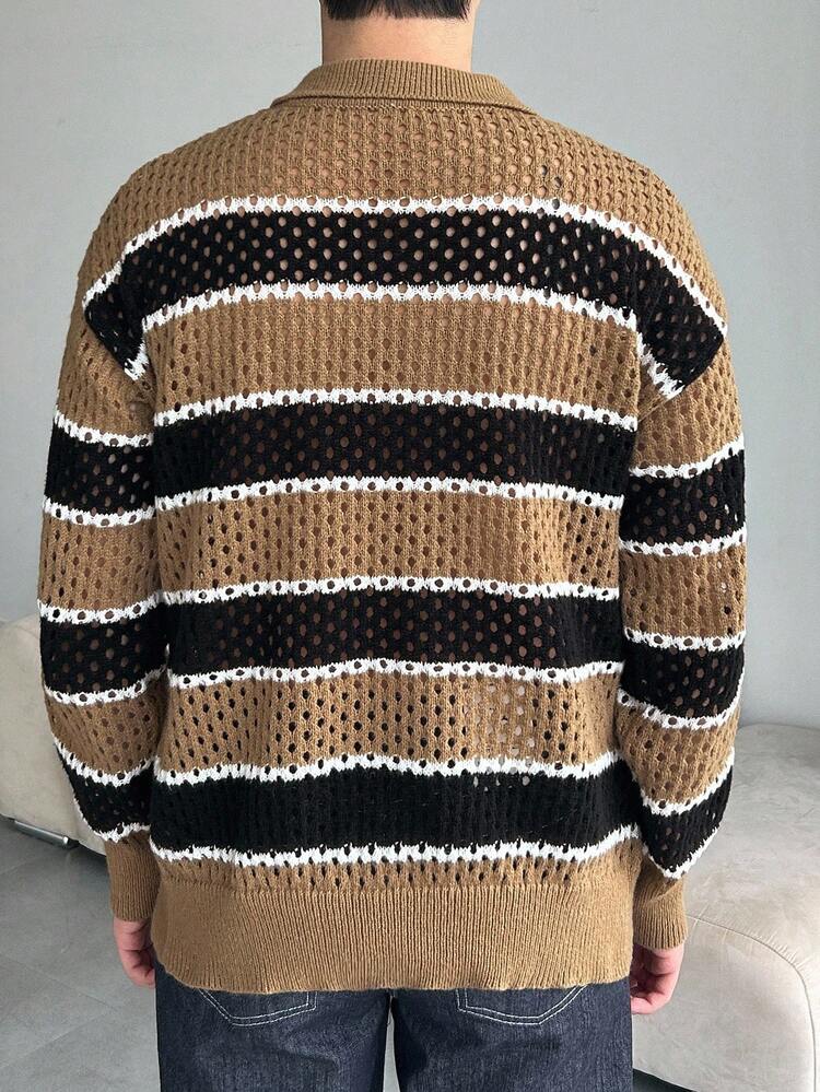 Men's Striped Multi-Color Hollow-Out Jacquard Knit Sweater, Spring/Autumn