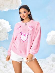SHEIN X Care Bears Women's Casual Cute Bear Embroidered Drop Shoulder Fuzzy Sweatshirt - Pink - View 4