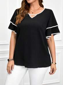 Miaspire Plus Size Solid Color Patchwork Short Sleeve Hollow Simple Casual Shirt,Suitable For Summer,Country Clothes Women,Summer Outfits For Women,Western Wear Women Tunic Top