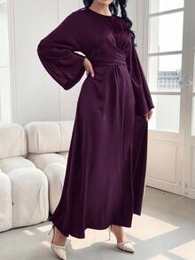 Modelyn 勃艮第红女士纯色缎面优雅束腰连衣裙，优雅晚会礼服长款晚礼服 - 紫色 - 查看 4