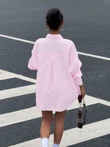 SHEIN EZwear 女士刺绣装饰粉色条纹宽松长袖衬衫 粉色条纹衬衫 粉色马刺绣衬衫 - 粉色 - 查看 2