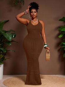 Slaydiva Plus Size Casual Sexy Fitted Halter Tie Backless Women Sweater Dress - Rust Brown - View 7