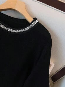 GlowEve CURVE 秋冬大码休闲串珠装饰圆领毛衣 - 黑色 - 查看 5