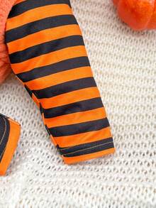 新生女宝宝可爱万圣节卡通图案橙色连帽连体衣套装，南瓜万圣节角色生日派对条纹裤拉链南瓜橙色可爱2件装条纹裤婴儿万圣节南瓜婴儿婴儿南瓜套装万圣节婴儿服装秋季 - 橘色 - 查看 5