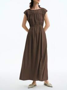 Aalyst 女士优雅简约高端休闲度假无袖连衣裙，褶皱分层设计，竹纤维面料，圆领，收腰，适合办公室、通勤、海滩、音乐节、春夏季 - 咖啡棕 - 查看 4