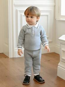 Souflis Souflis 2pcs/Set Toddler Boys' Minimalist Polo Collar Grey Long Sleeve Top And Grey Cuffed Pants, Autumn/Winter Baby Tracksuit Baby Boys Outfit Baby Casual Sets Baby Clothing Boy - Grey - View 3