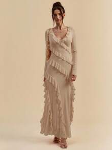 SHEIN BAE Vestido largo con volantes de manga larga, romántico de otoño, elegante para citas, viajes, ropa interior de otoño, adecuado para el Día de San Valentín, lazos, vestidos elegantes para mujer, vestidos de fiesta, vestidos formales para mujer, vestidos midi para mujer, vestidos de verano, malla, mangas transparentes, vestidos casuales, vestidos de novia para damas, curvas plus, vestidos de cumpleaños talla grande, curvas, vestidos de gala, verano, otoño