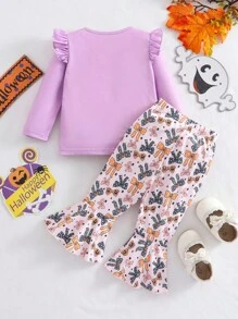 2pcs Halloween Baby Girl Cute Vacation Colorful English Flare Sleeve Round Neck Long Sleeve Purple T-Shirt Top Paired With Bell-Bottom Pants Set, Lively Holiday Outfit