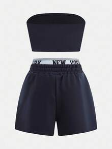 SHEIN Girlism Tween Girl Casual Street Style Slogan Print Sweatshirt & Shorts, Fitted Solid Color Camisole 3-Piece Set