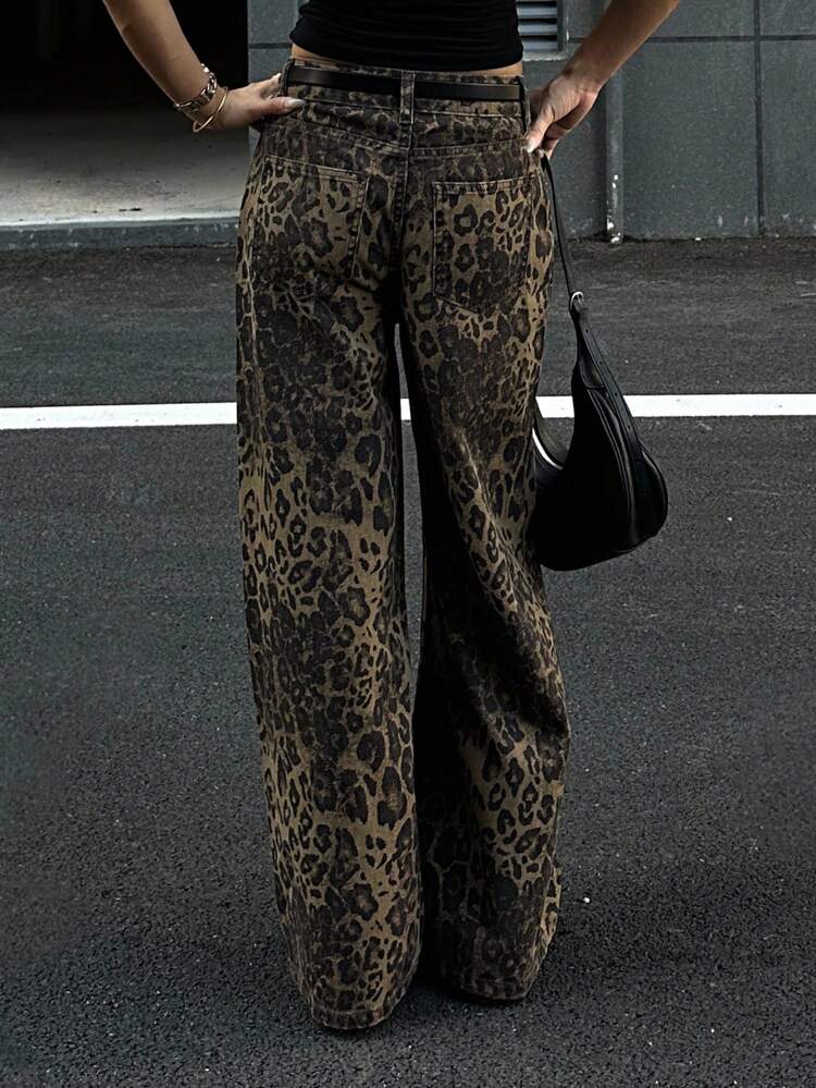 Women's Leopard Print Wide Leg Jeans, Autumn