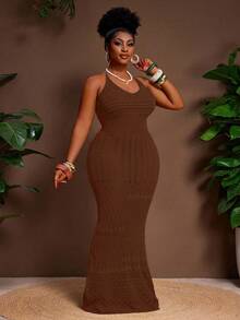 Slaydiva Plus Size Casual Sexy Fitted Halter Tie Backless Women Sweater Dress - Rust Brown - View 6