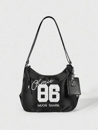 Grunge Punk 1 pieza Bolso de hombro con corazón de metal punk Y2K negro, 1 pieza Bolso de deporte casual con números dulces y picantes, 1 pieza Mochila ajustable con rayas y lazos de encaje, adecuado para el uso diario, viajes y talla grande