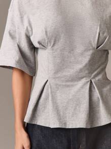AiiRZ Peplum T Shirt With Cinched Waist Detail Short Sleeve Cotton Blend Top Modern Minimalist Design For Daily Office Wear Elevated Basic - Grey - View 5