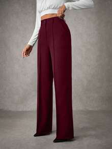EURMUSE Women's Solid Pleated Seam Detailed Suit Pants - Burgundy - View 5