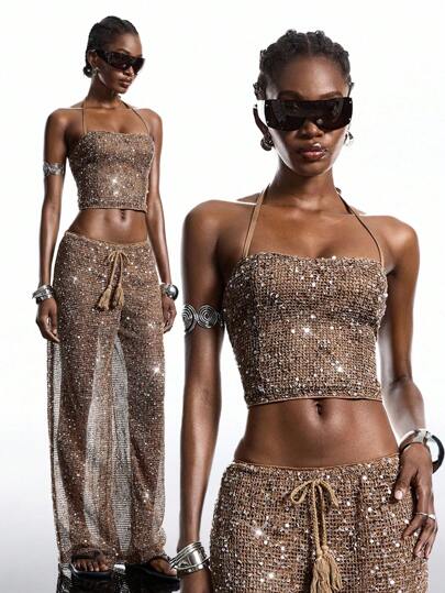 LYSMO 2025 New Arrive Minimalism Fall Women's Solid Color Sequin Cropped Halter Top And Tie Waist Pants Sexy 2 Pieces Set  Off The Shoulder Party Outfit Women Y2K Clothes Women, Streetwear  Dresses For Wedding Guest Halloween Costumes