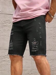 Manfinity Homme 男式破洞毛边牛仔短裤 - 黑色 - 查看 4