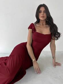 Firerie 女士优雅褶饰系腰绿色网眼紧身荷叶边下摆连衣裙，适合派对、度假、音乐节、婚礼季、早午餐、圣帕特里克节、波西米亚风女式长裙、仙女风、度假装、女士毕业礼服、女士沙滩装、女士机场装 - 酒紅色 - 查看 3