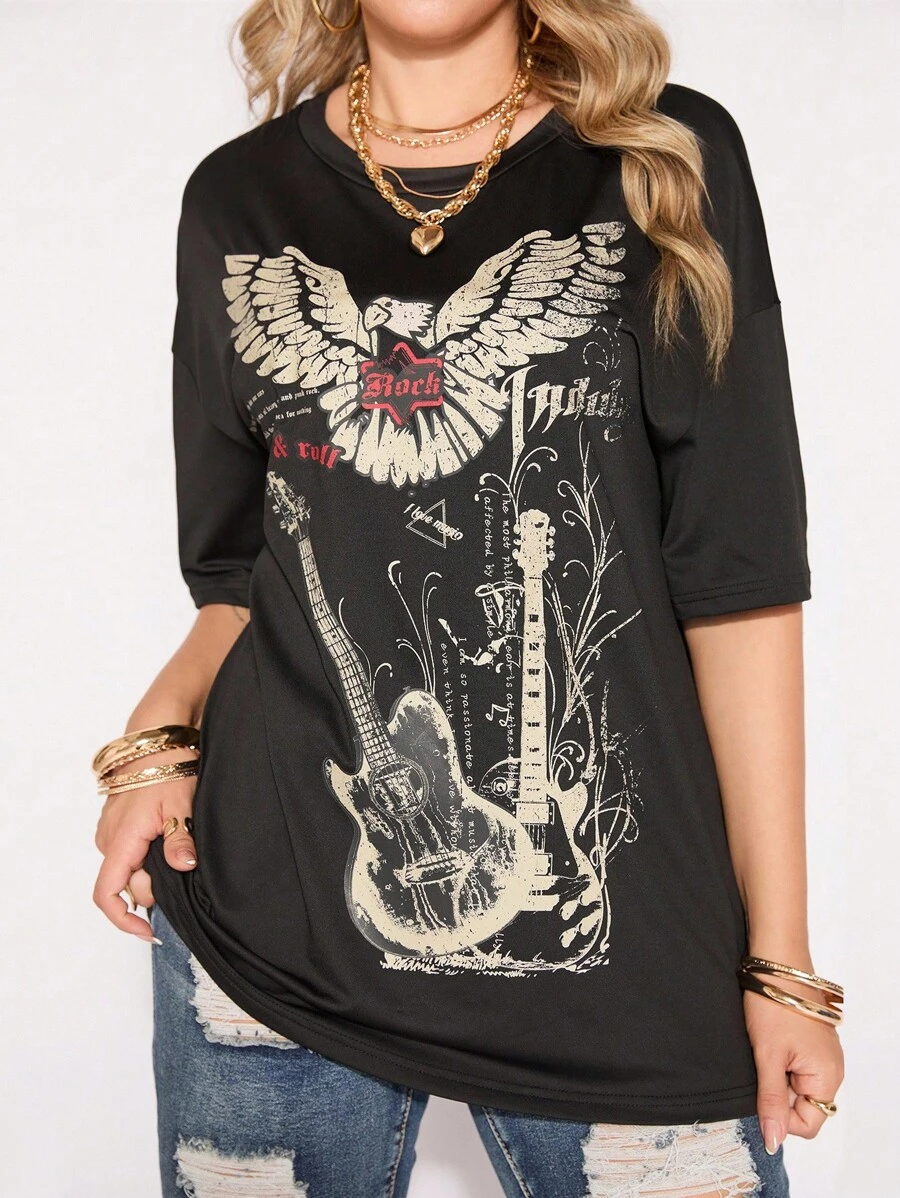 SHEIN EZwear 大码女式休闲简约摇滚吉他图案圆领短袖 T 恤，宽松款，适合夏季 - 黑色 - 查看 1