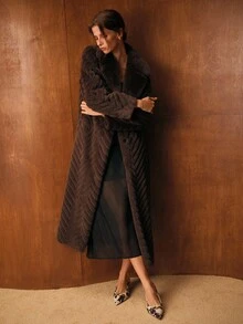 MOTF PREMIUM SLANT POCKET BELTED FAUX FUR COAT - Coffee Brown - View 6