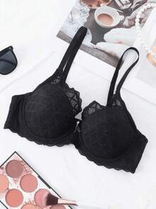 SHEIN 1pc Underwire Padded Bra, Comfortable Lift And Shaping Lingerie Push Up Bra Padded Push Up Bra Lace Push Up Bra Push Up Bralette, Black - Black - View 7