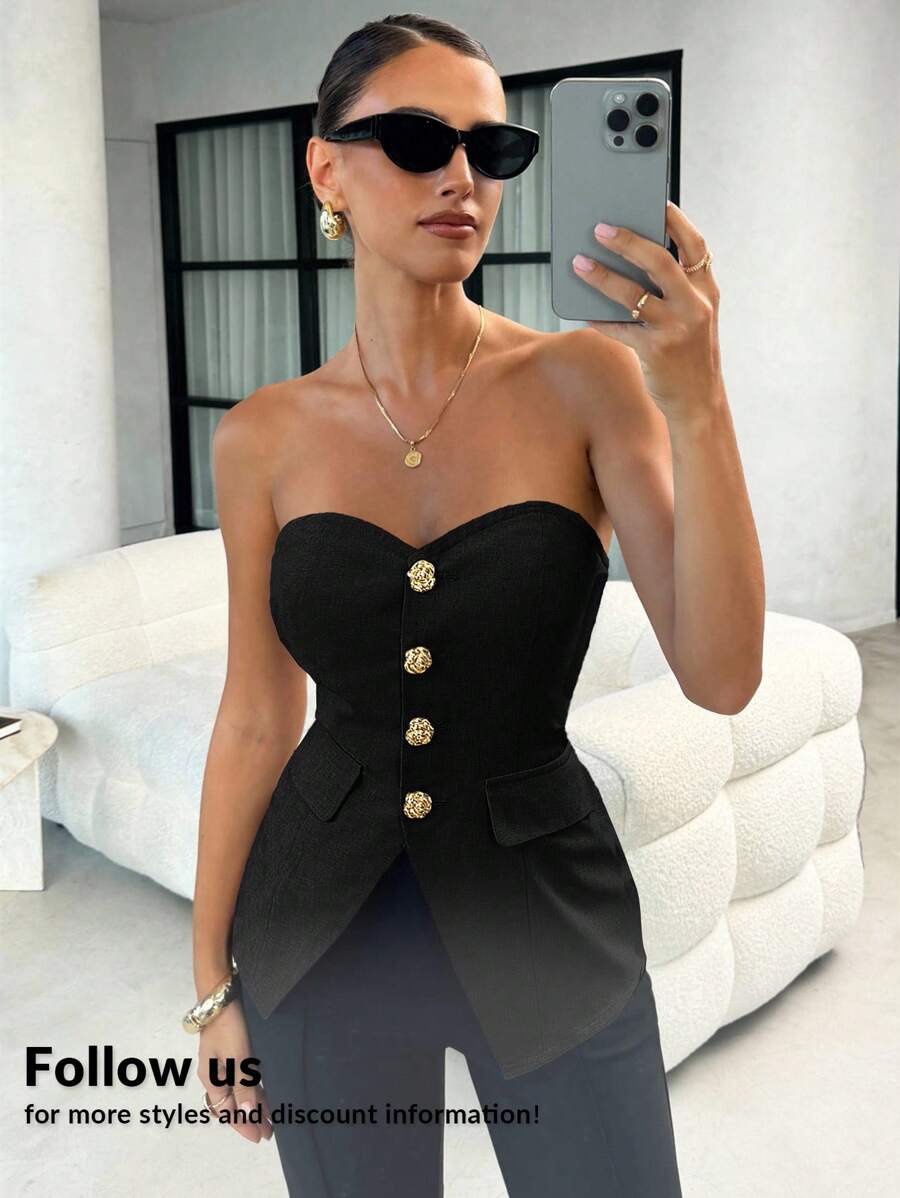 Lavishia Women's Fashionable Elegant Fitted Floral Button Camisole Top - Black - View 1