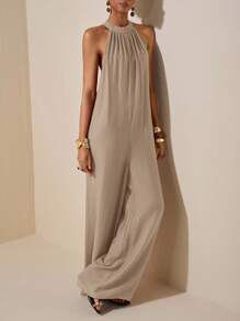 Zivah Beach New Spring And Summer Leisure Vacation Daily Commuting Halter Neck Round Neck Sleeveless Ultra-Loose Wide-Leg Plus-Length Pants Women's Jumpsuit