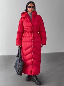 Women Solid Color Belted And Pocket Detailed Long Winter Coats - Red - View 4