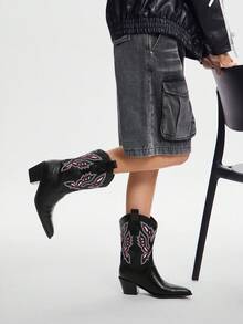 Solezae Glamorous Western Style Cowboy Mid-Calf Black Point Toe Country Rodeo Holiday Fun Fashion Shoe - Black - View 6