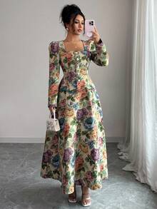 Elenzga 女士优雅秋季方领泡泡袖上衣和 A 字形纹理玫瑰提花裙两件套 - 彩色 - 查看 6