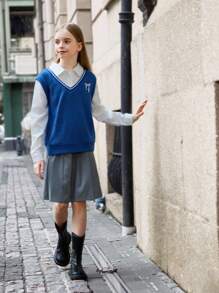SHEIN 2pcs Tween Girl Casual Collegiate Style Color Block Shirt & Pleated Skirt Set - Blue - View 5