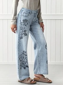 EMERY ROSE Jeans rectos y sueltos con estampado floral casual - Lavado ligero - Ver 6